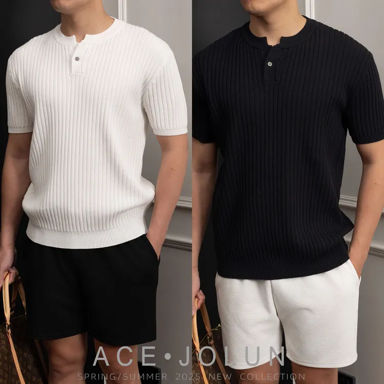 【亨利领坑条】夏季冰霜棉凉感针织衫老钱风男士短袖轻熟透气T恤