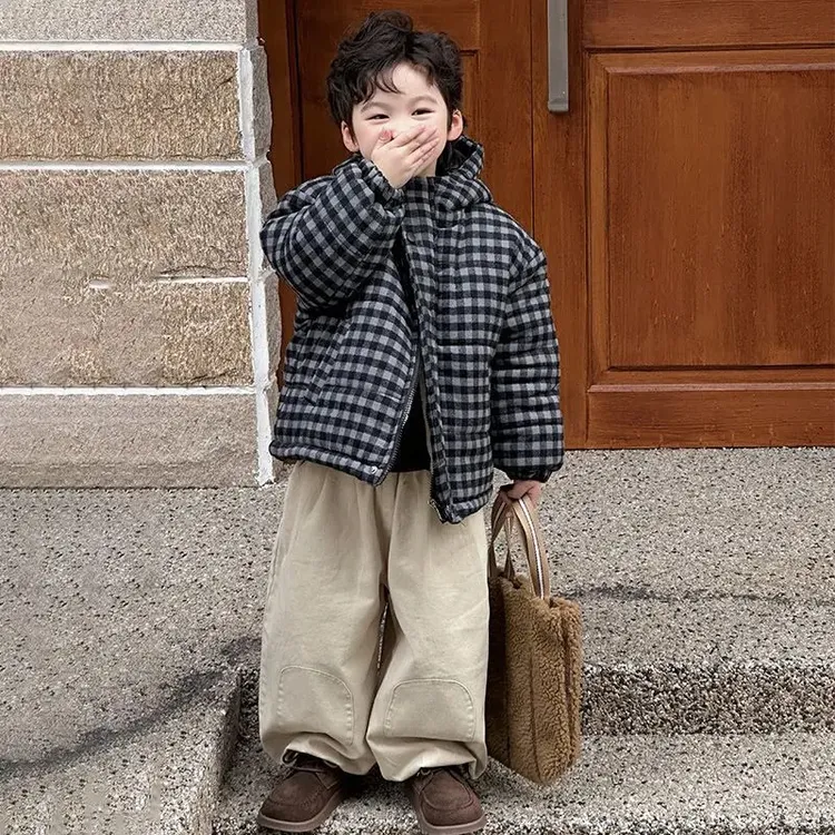 MN80304男童冬棉服加厚保暖外套儿童宽松韩版棉服C002格子棉服