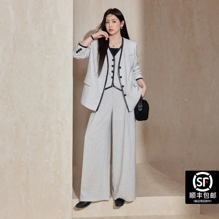 蓝语大码女装时尚套装短外套复古阔腿裤休闲秋冬小香风西装法式