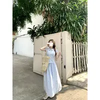 航海日记 夏季蓝色条纹娃娃领短袖T恤衬衫+条纹长款半身裙套装