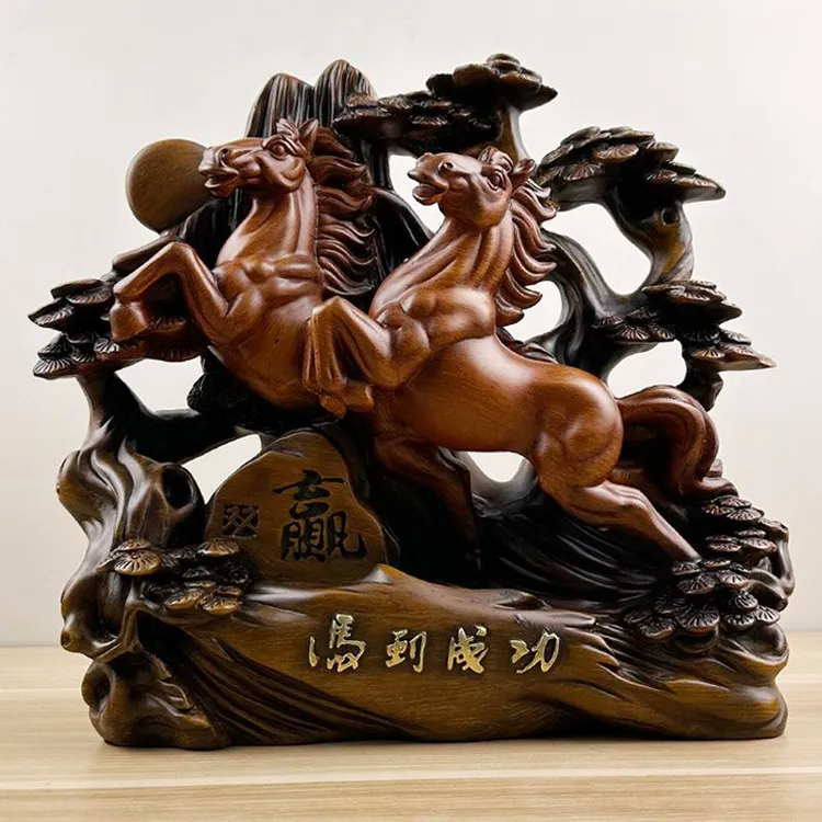 马摆件树脂仿檀木马到成功双赢摆件 创意办公桌生肖马摆件