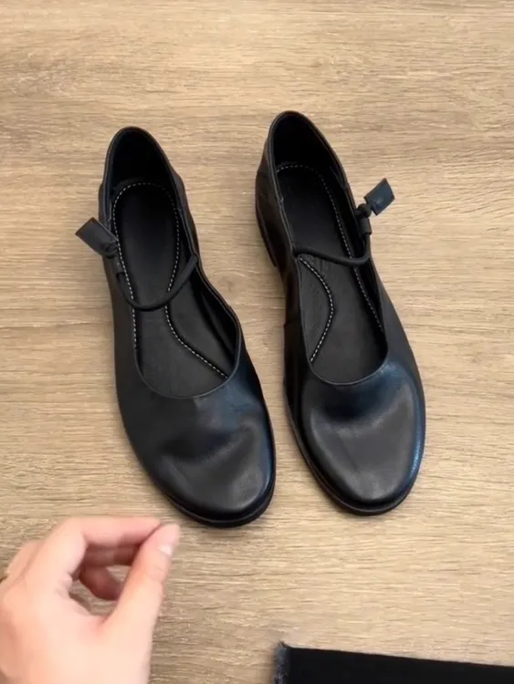 羊皮版~圆头复古一字带玛丽珍小皮鞋女芭蕾通勤软底浅口平底单鞋