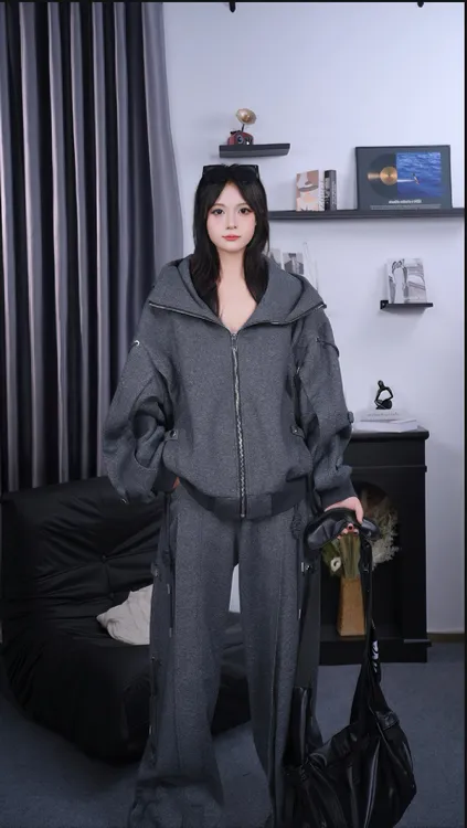 小众抽绳绑带设计感宽松连帽卫衣廓形重磅休闲套装阔腿裤套装男女