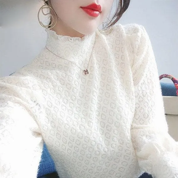 薄款/加绒半高领钩花长袖蕾丝衫女秋冬新款气质内搭打底衫上衣潮T