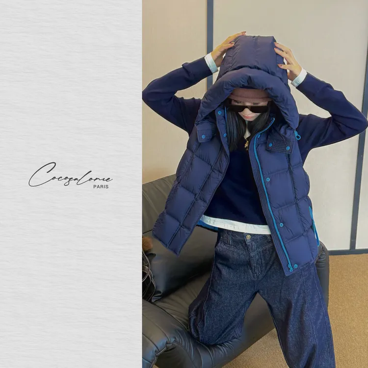 韩彬彬"方块马甲"90白鸭绒撞色简约保暖冬季连帽羽绒服马甲2948-8