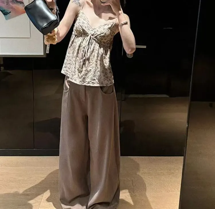 0038大码女装早秋新款休闲裤阔腿裤风吊带背心韩版修身薄款套装