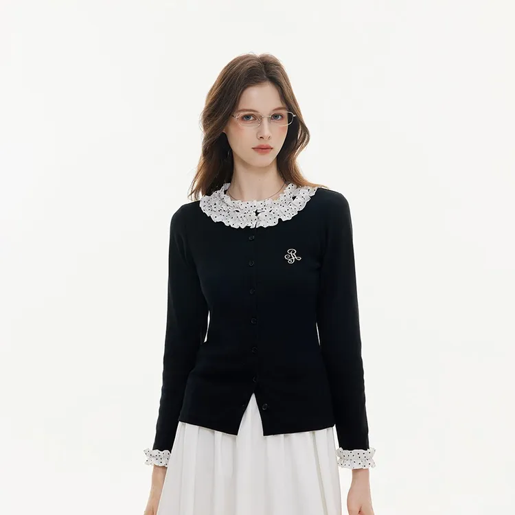 ikyou原创小众设计波点拼接针织长袖女春秋新款修身显瘦短款上衣