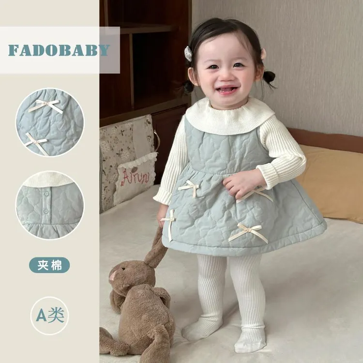 女童连衣裙秋冬季韩版儿童夹棉加厚背心裙公主裙针织毛衣两件套装