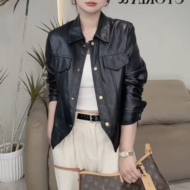 美式街头通勤复古风皮质上衣气质拼接翻领长袖大版外套女841652