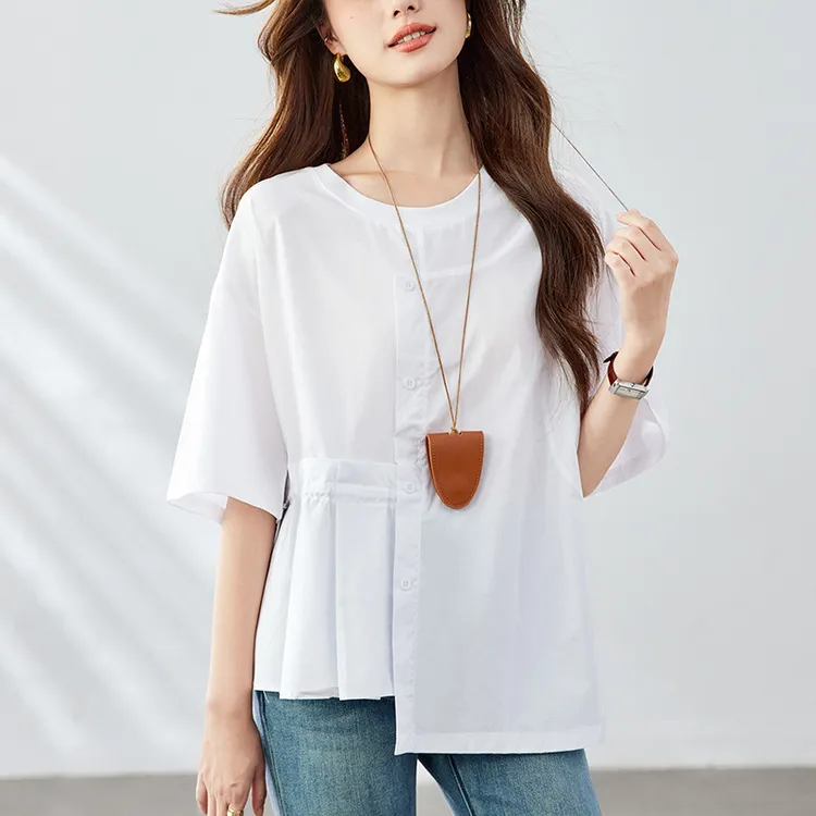 棉茧 圆领白衬衫女短袖2025夏季新款不规则设计感上衣纯棉衬衣
