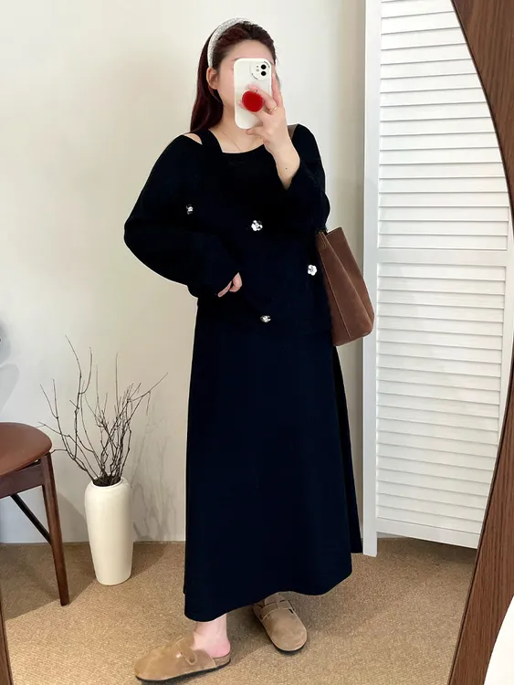 大码女装钉花针织衫女内搭背心裙套装2025秋胖mm减龄宽松两件