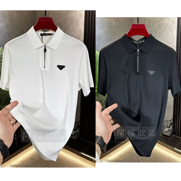 【阿福欧品】男士夏季轻奢绅士条纹拉链POLO短袖