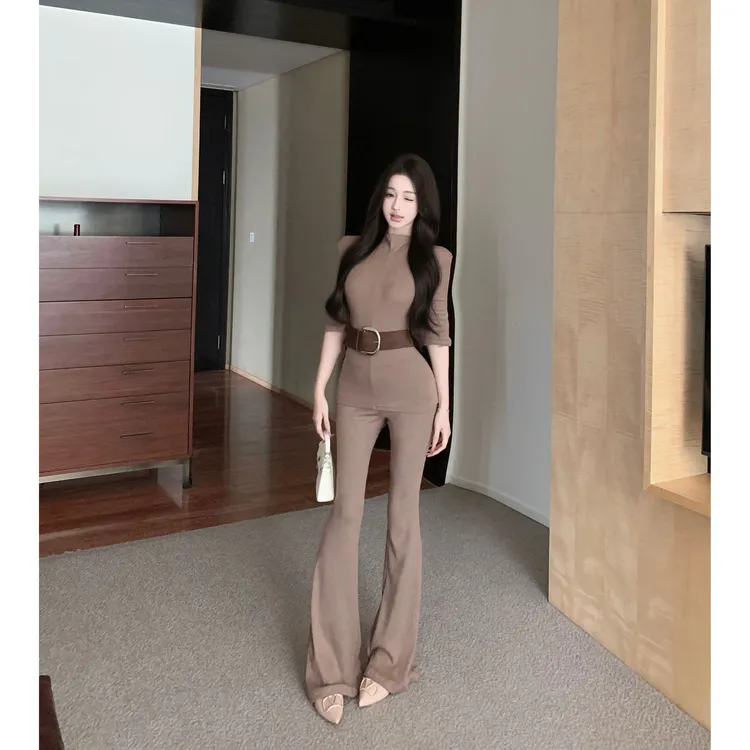 辣妹半高领修身长袖打底T恤上衣高腰休闲微喇叭拖地裤子套装女春