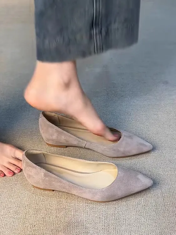 羊皮版~极简绒面一脚蹬浅口尖头单鞋女时尚复古内增高通勤工作鞋