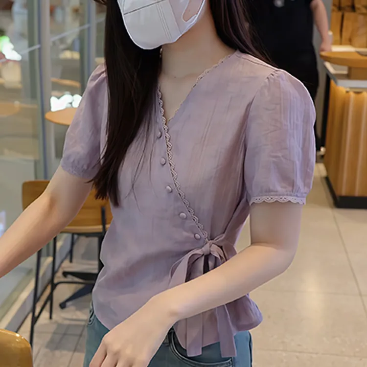 财阀千金女装短袖衬衫女2026年夏季新款设计感斜方扣收腰显瘦上衣