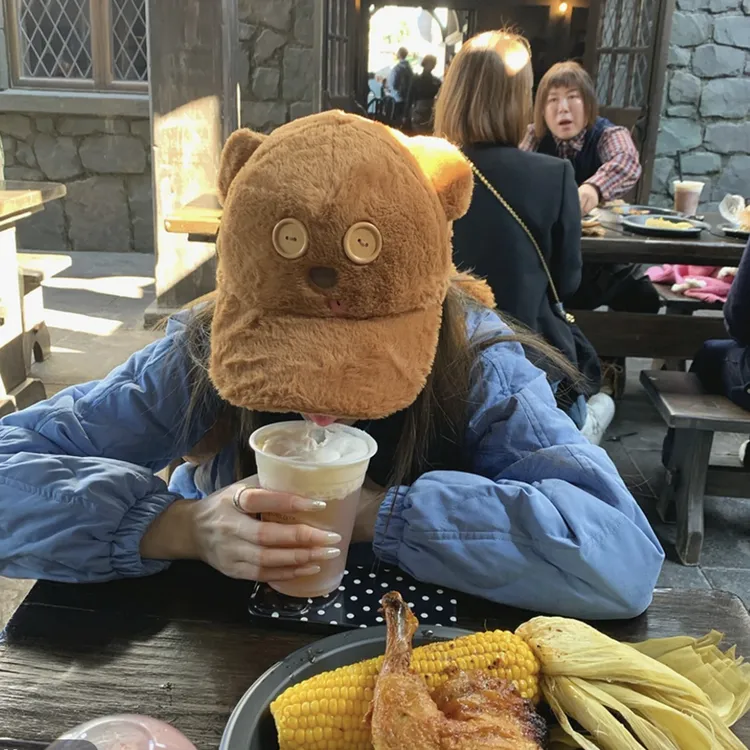 双十一可爱卡通小熊毛绒棒球帽百搭网红甜美拍毛茸茸保暖鸭舌帽