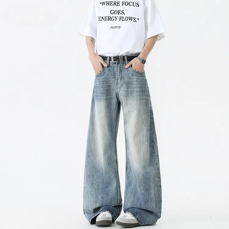 花乐集新款美式竹节纹牛仔裤弯刀宽松直筒复古男女同款阔腿长裤子