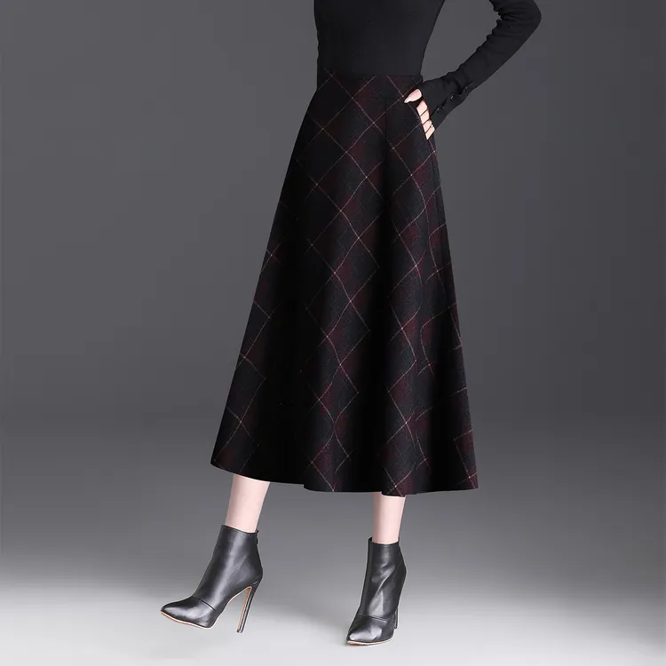 红格子半身裙毛呢大摆裙秋冬新款裙子高腰A字裙显瘦格纹百褶裙女