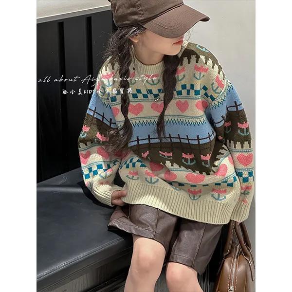 K25205韩国童装女童提花毛衣秋冬新款儿童洋气打底衫大童针织上衣