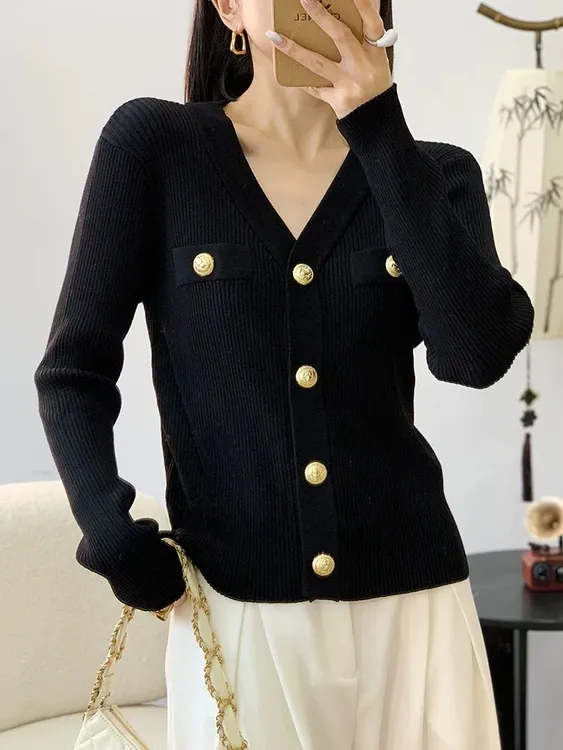 大码2025秋款气质小香风V领针织开衫女长袖百搭显瘦打底上衣#2538