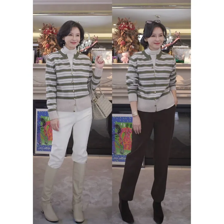 我是摩羯 抹茶千层 羊毛羊绒90S毛条羔羊撞色条纹秋冬开衫