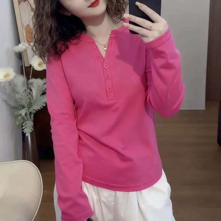 简约风设计感时尚秋冬季女纯色长袖宽松纽扣V领休闲显瘦T恤上衣潮