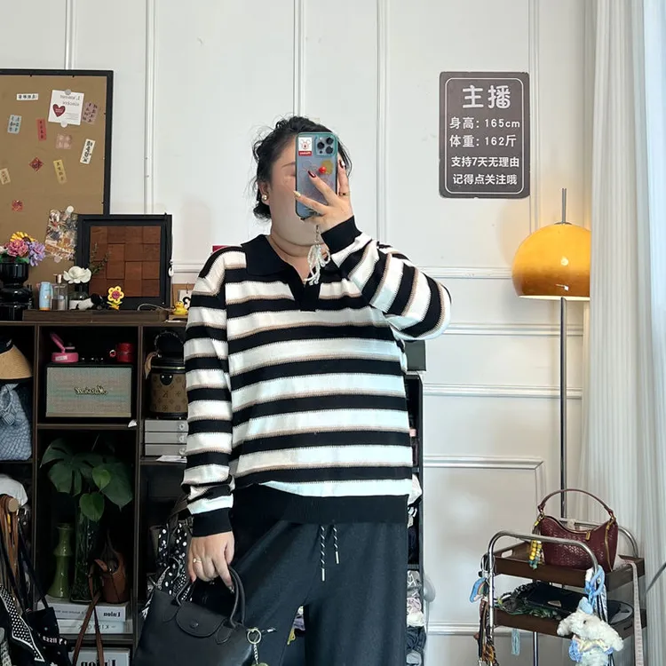 YZJ【慵懒焦点】大码秋季时尚减龄气质条纹POLO领慵懒长袖针织上衣