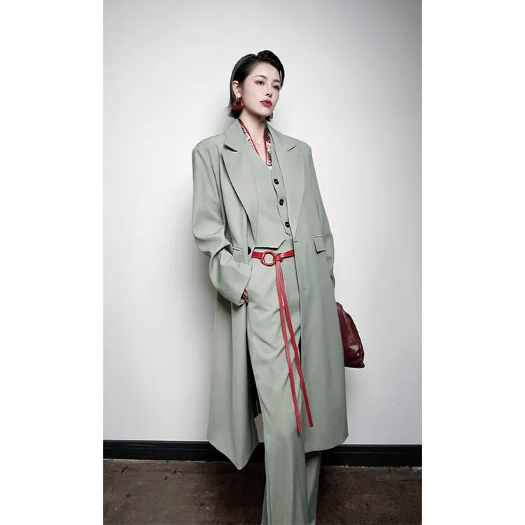 【XZ1316】Liixu高级感西装大牌单排扣长款西装阔腿裤三件套女