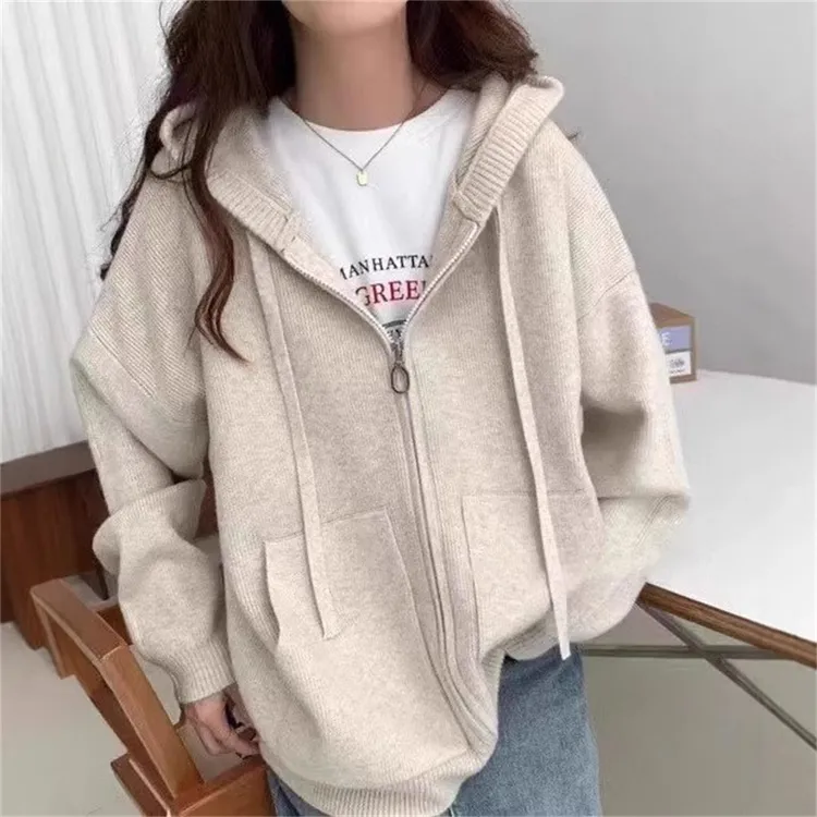 秋冬新款韩系宽松慵懒风连帽卫衣针织开衫休闲软糯拉链毛衣女外套