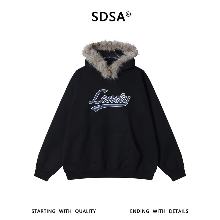 SDSA男士秋冬新款痞帅男装美式潮牌刺绣字母毛领连帽卫衣百搭时尚