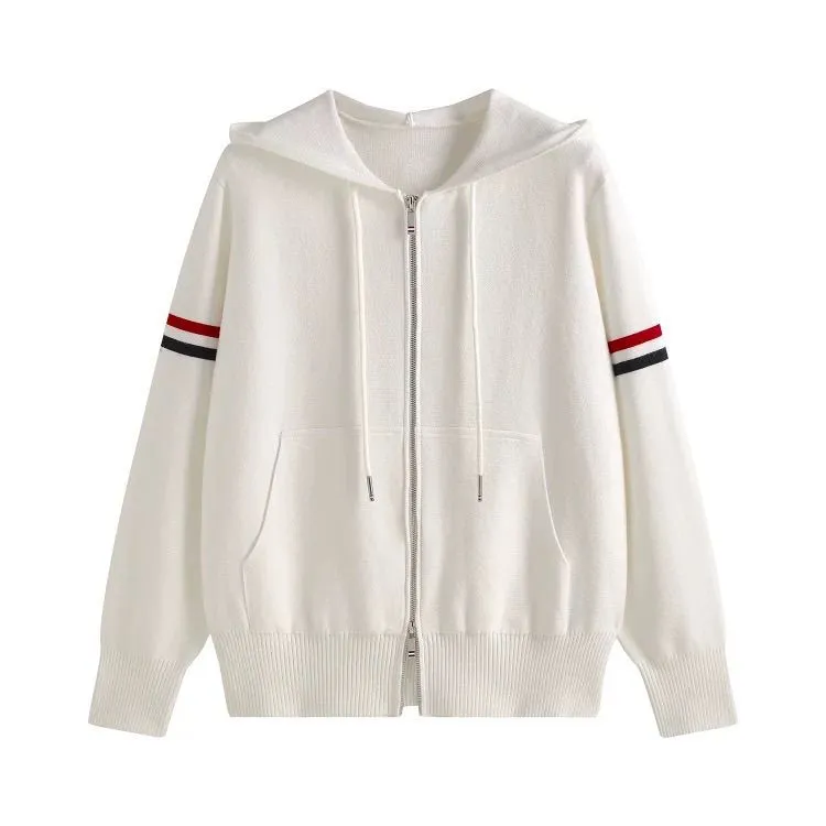 2025早秋新款慵懒风彩条双袖杠针织拉链连帽开衫宽松外套女潮