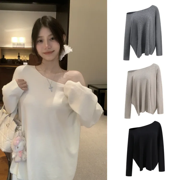 秋冬新款斜肩蝙蝠袖针织T恤女百搭慵懒宽松显瘦设计感长袖上衣