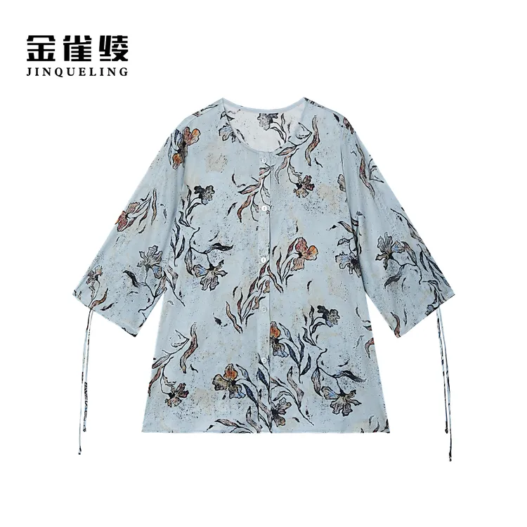 金雀绫【蓝色鸢尾花】桑蚕丝设计师感舒适透气大码女衬衫SZA1S257