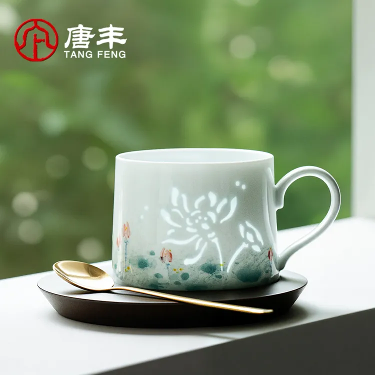 唐丰鱼戏荷塘玲珑咖啡杯套装羊脂玉瓷家用办公室女士马克杯拿铁杯