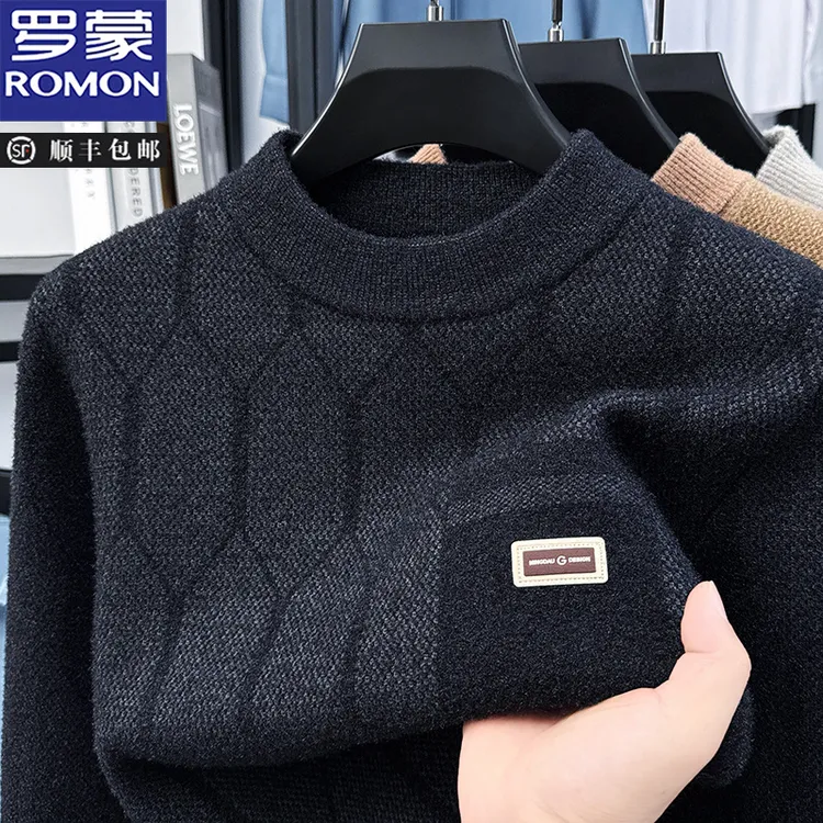 罗蒙男士秋冬季新款时尚针织衫加绒加厚半高领休闲百搭保暖打底衫