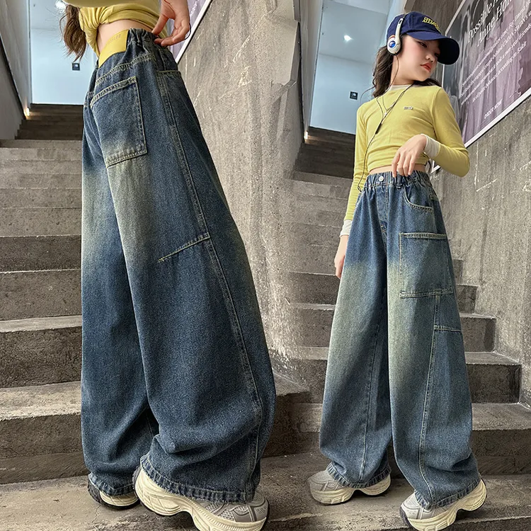 秋装女童牛仔裤子初中生大童春秋款休闲阔腿裤儿童装秋季弯刀长裤