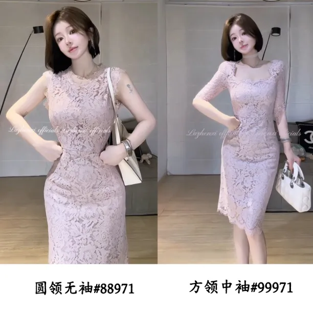 希野逸儿/粉色无袖气质修身显瘦名媛蕾丝连衣裙轻熟风温婉优雅