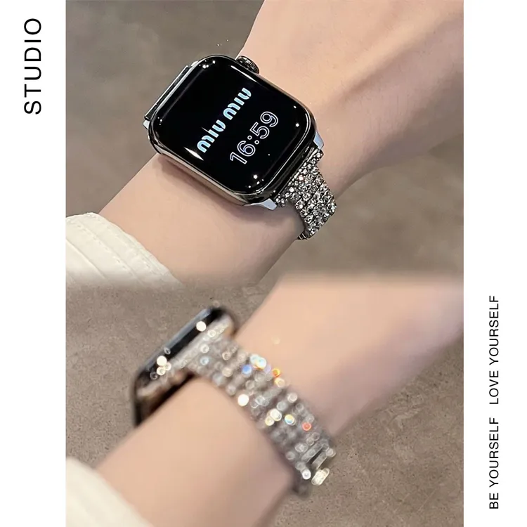 高级感闪亮镶钻适用苹果appleiwatch11手表表带98华强北s10女金属