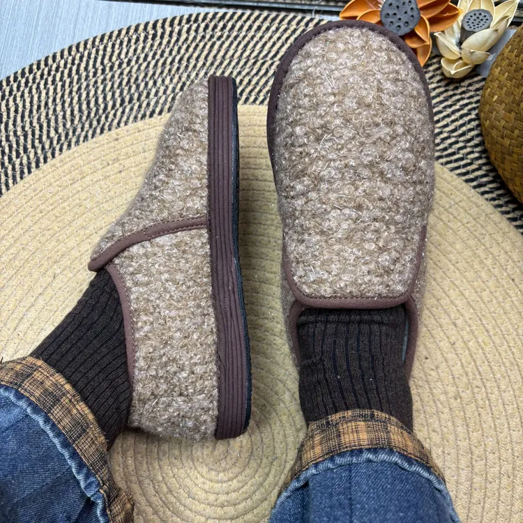 HT 冬季加厚保暖棉鞋 小香风毛呢面料一脚蹬面包加厚平底棉鞋