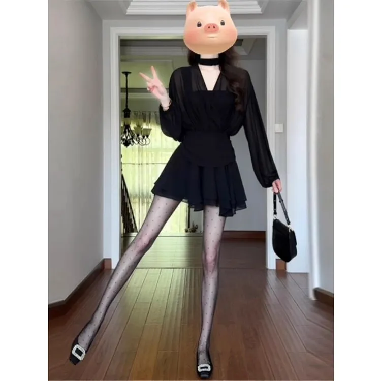 灰色飘带交叉v领长袖连衣裙女早秋气质贴身短裙名媛御姐风a字裙子