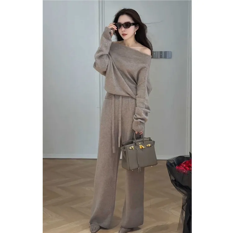 法式慵懒风休闲套装女2025秋季时尚极简风通勤针织上衣长裤两件套