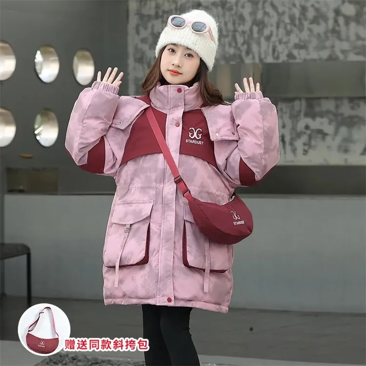 女童外套秋冬款洋气宽松加厚棉衣儿童中长款收腰连帽派克服6-12岁