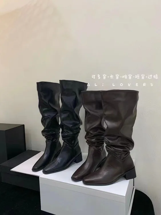 棕色复古粗跟高筒靴过膝靴女靴子早秋款黑色百搭瘦瘦靴堆堆靴长靴