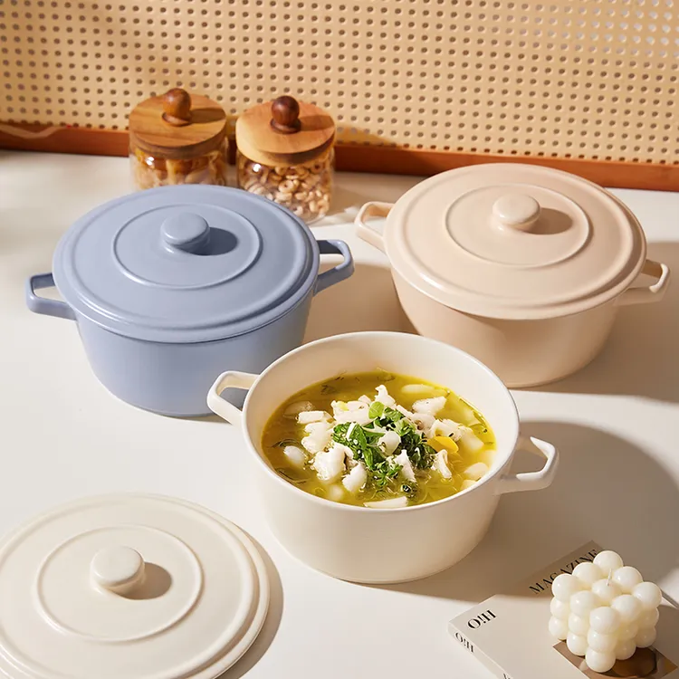 新款檀枂新三色系列带盖双耳大汤碗家用创意陶瓷大号（不可明火）