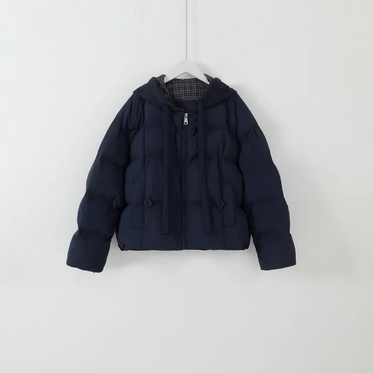 几里与麻 领口格纹拼接连帽棉服 衣长63胸围134 2092041