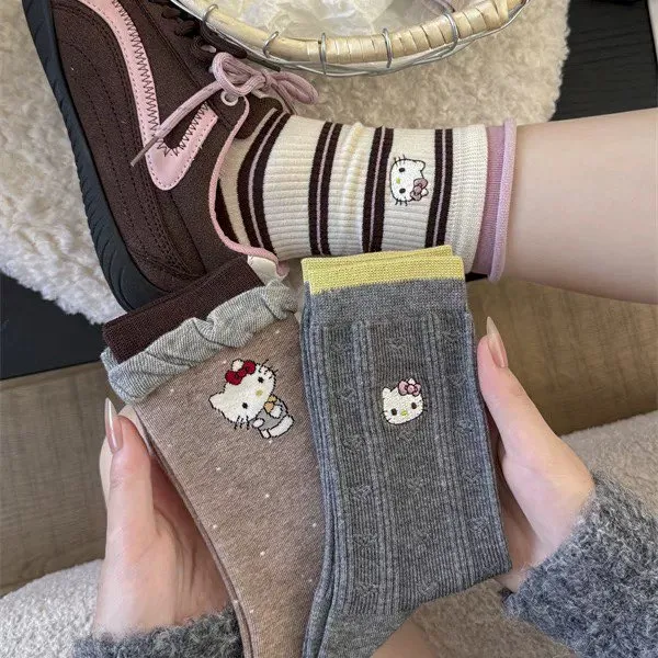 卷边双罗口波点可爱小猫条纹中筒袜精梳棉女拼色棉ins日系堆堆袜