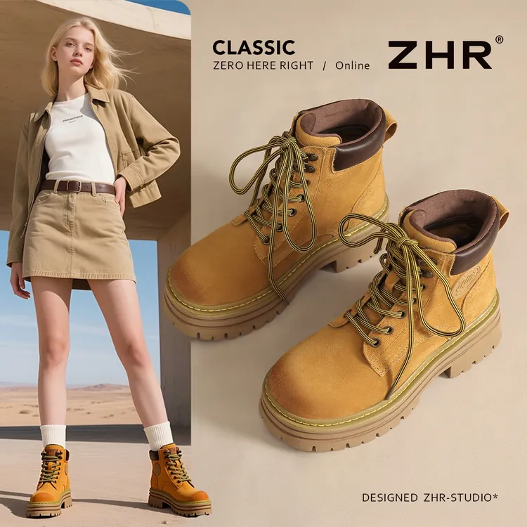 ZHR马丁靴女2025秋新款真皮厚底英伦风大黄靴户外徒步登山工装靴