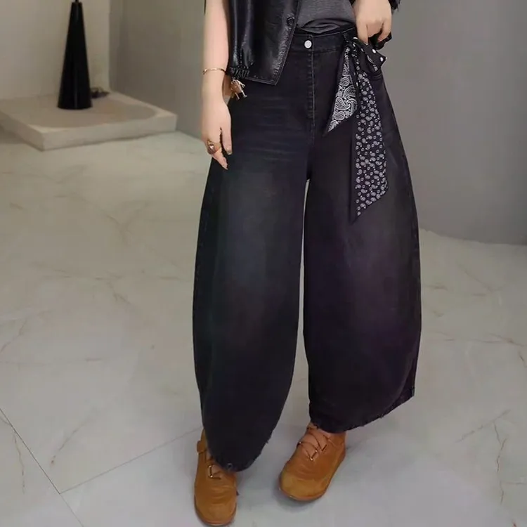 "港味牛仔"2025早秋复古水洗正腰高腰弯刀宽松休闲时髦九分牛仔裤