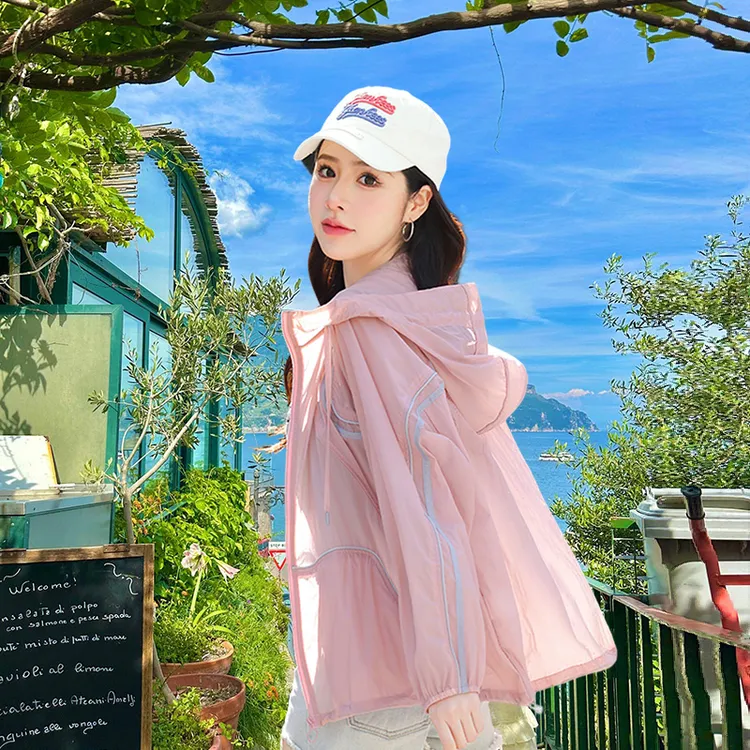 粉色防晒衣女短款2025年夏季新款透气轻薄款连帽韩版宽松防晒服衫