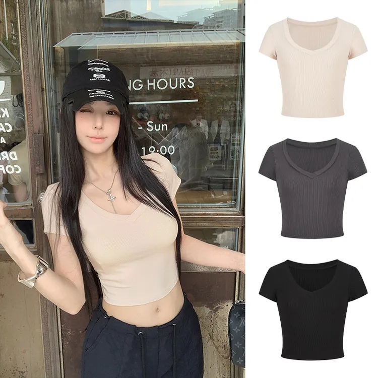 Moses Queen/魔西女王V领正肩短款辣妹上衣修身显瘦掐腰短袖T恤
